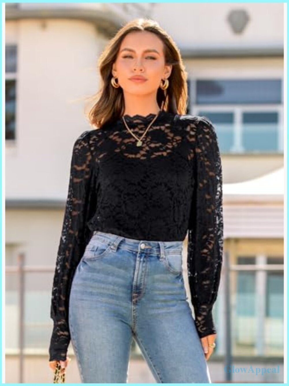Women's Lace Floral Long Sleeve Blouse Dressy Casual Mock Neck Shirt - Picture 3 of 7